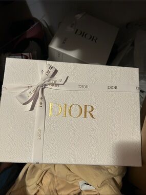 Dior White Gift Box with Gold Logo and Ribbon
